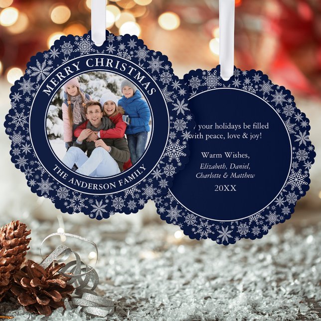 Modern Snowflakes Blue Merry Christmas Photo Tree Decoration Card (A greeting card that is also an ornament! Customize with your photo and personalized text.)