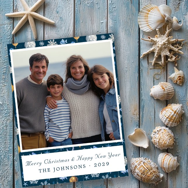 Modern Snowflakes & Coastal Elements Photo Holiday Card (Modern Snowflakes & Nautical Elements Photo Holiday Card)