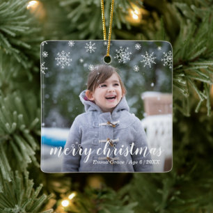 Modern Snowflakes Cute Photo Elegant Christmas Ceramic Ornament