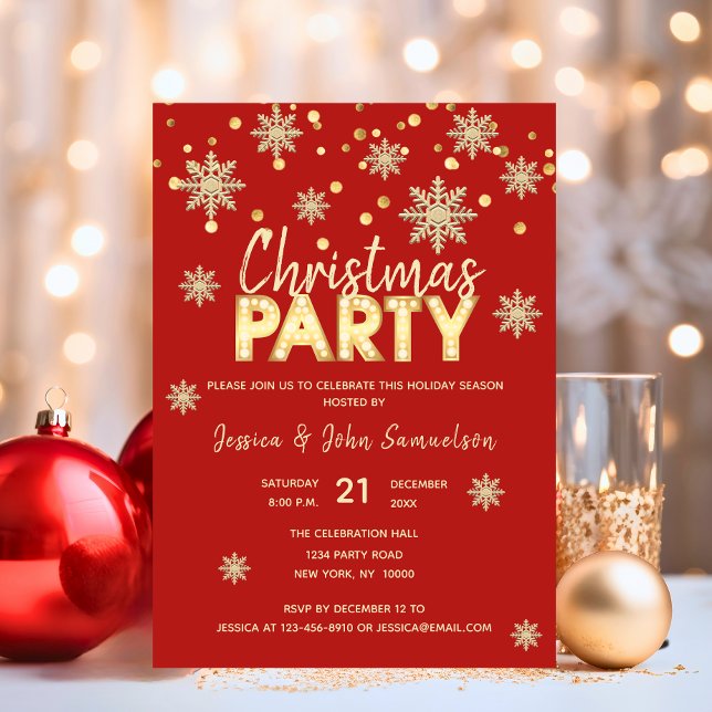 Modern Snowflakes Gold Red CHRISTMAS PARTY Invitation (Modern Snowflakes Gold Red CHRISTMAS PARTY Invitation)