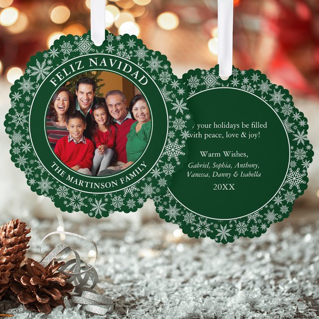 Modern Snowflakes Green Feliz Navidad Photo Tree Decoration Card (A greeting card that is also an ornament! Customize with your photo and personalized text.)
