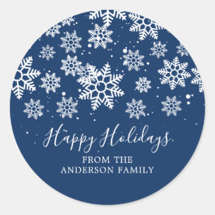 Modern Snowflakes Happy Holidays Classic Round Sticker