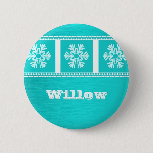 Modern Snowflakes Holiday Button, Teal 6 Cm Round Badge (Front)