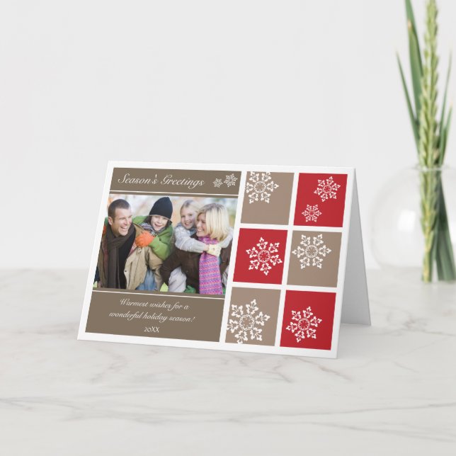 Modern Snowflakes Holiday Card (red & grey) (Front)