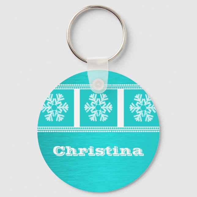 Modern Snowflakes Holiday Keychain, Teal Key Ring (Front)