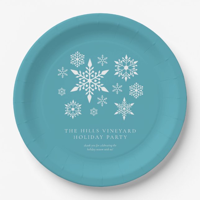 Modern Snowflakes on Blue Christmas Holiday Party Paper Plate (Front)