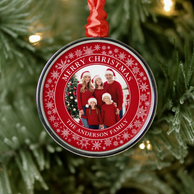 Modern Snowflakes Photo Merry Christmas Red Metal Ornament (Tree)
