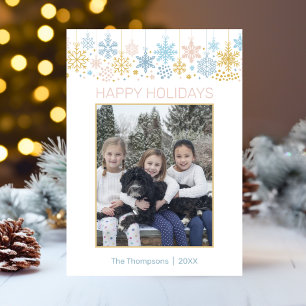 Modern Snowflakes Pink Blue Gold Christmas PHOTO Holiday Card