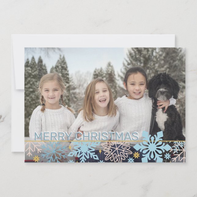 Modern Snowflakes Pink Blue Gold Christmas PHOTO Holiday Card (Front)