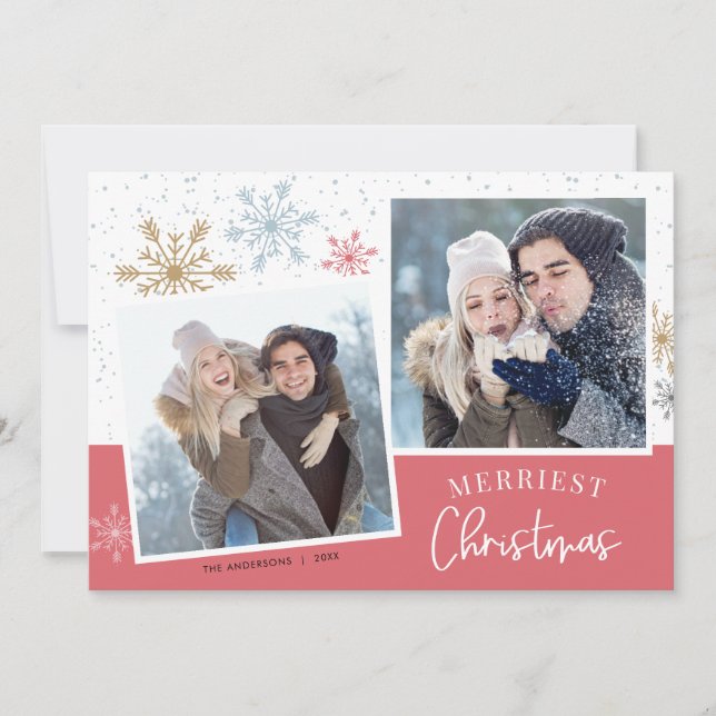 Modern Snowflakes Pink Gold 2 Photos Christmas Holiday Card (Front)