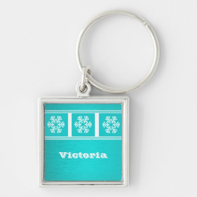 Modern Snowflakes Premium Keychain, Aqua Key Ring (Front)
