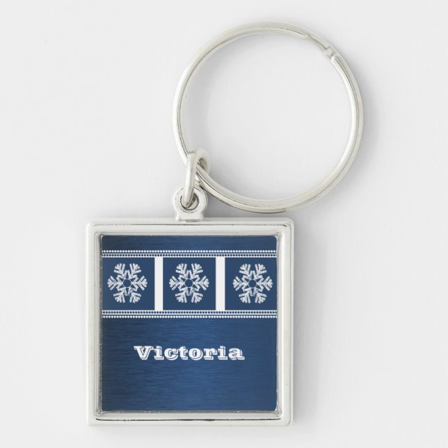 Modern Snowflakes Premium Keychain, Blue Key Ring (Front)