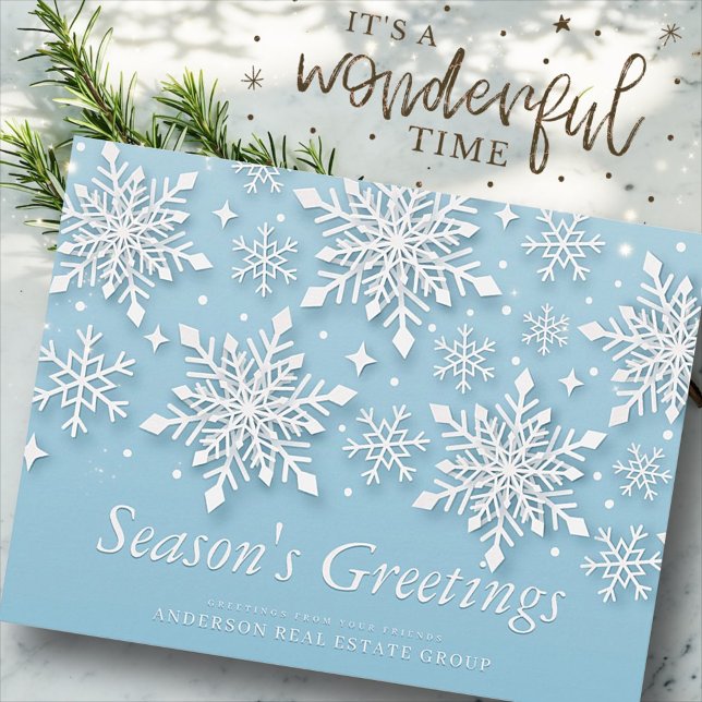 Modern Snowflakes Snow on Blue Season's Greetings Postcard (Creator Uploaded)