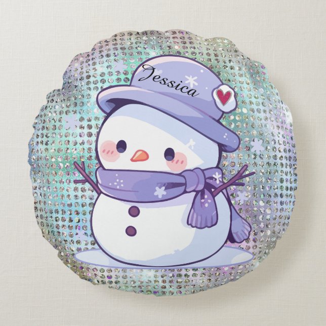 modern Snowman Pastel Pattern Heart  Round Cushion (Front)