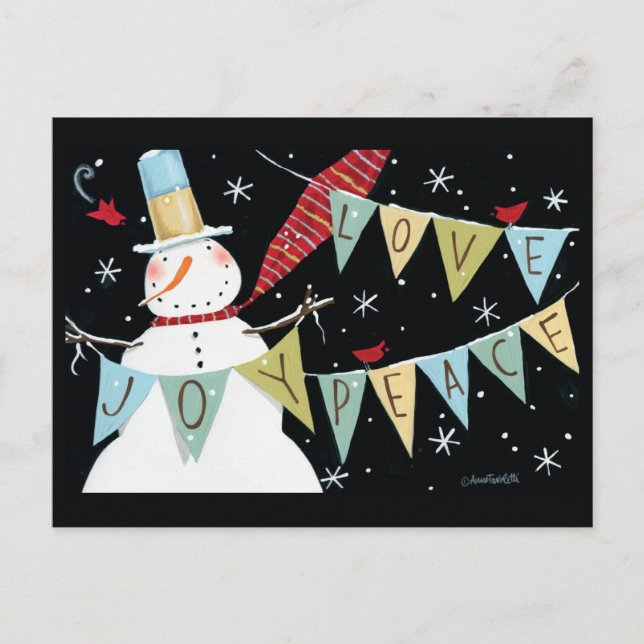 Modern Snowmen Love, Joy, Peace Holiday Postcard (Front)