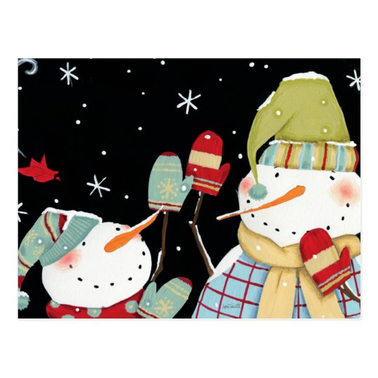 Modern Snowmen with Mittens Postcard