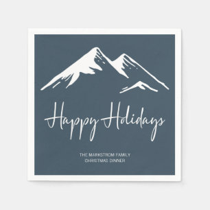 Modern Snowy Mountain on Blue Holiday Party Napkin