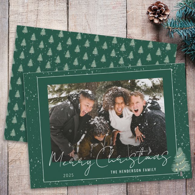 Modern Snowy woodland Christmas Family Photo Holiday Card (Modern snowy woodland christmas family photo holiday card green and white whimsical script)