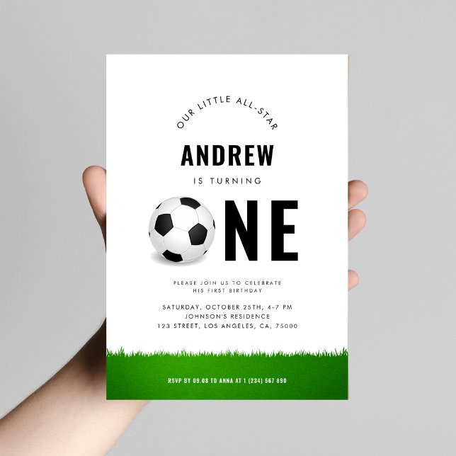 Modern Soccer Ball Grass Kid's 1st Birthday Party Invitation (Creator Uploaded)