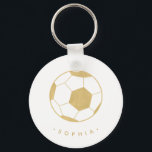 Modern Soccer in Gold Personalised Key Ring<br><div class="desc">The soccer player or soccer fan in your life will love these personalised keychains featuring a gold soccer ball. Perfect as a party favour. Coordinates with Parcel Studio's Soccer Star collection. Background colour and text is customisable. *Note: The gold in this product is simulated. No actual gold will be used...</div>