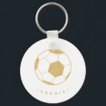 Modern Soccer in Gold Personalised Key Ring<br><div class="desc">The soccer player or soccer fan in your life will love these personalised keychains featuring a gold soccer ball. Perfect as a party favour. Coordinates with Parcel Studio's Soccer Star collection. Background colour and text is customisable. *Note: The gold in this product is simulated. No actual gold will be used...</div>