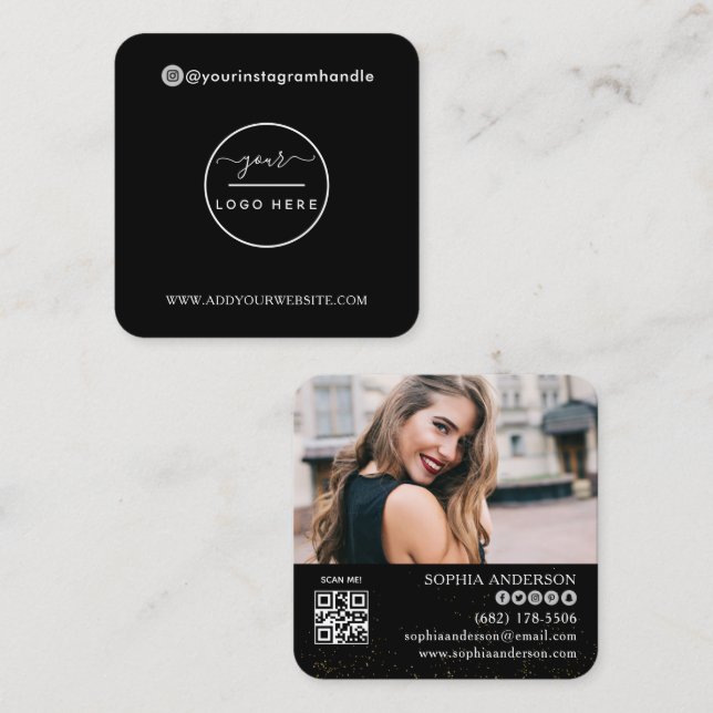 Modern social media add your logo photo QR code  Square Business Card (Front/Back)