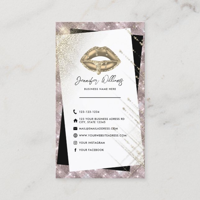Modern Social Media Icons Unique Gold Lips Beauty Business Card (Front)