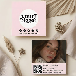 Modern Social Media Logo Photo QR Pink Square Business Card
