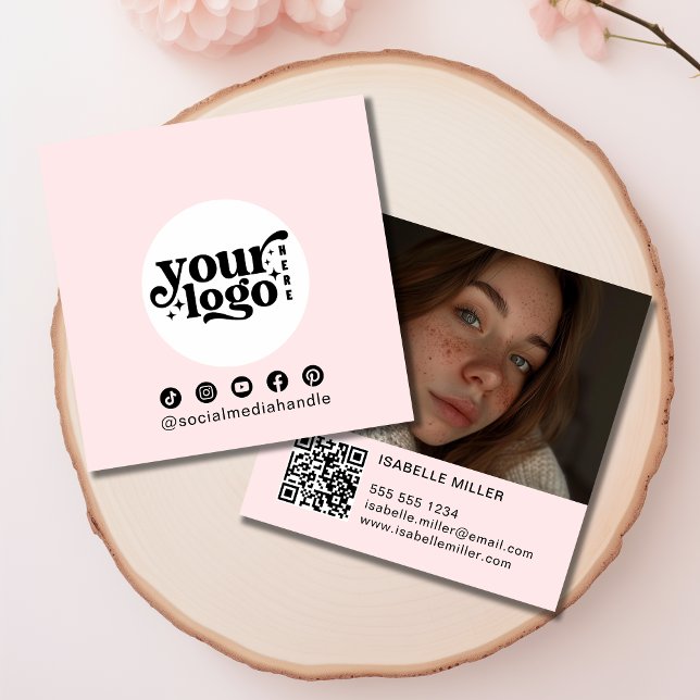 Modern Social Media Logo Photo QR Pink Square Business Card (Modern Social Media Logo Photo QR code Square Business Card)