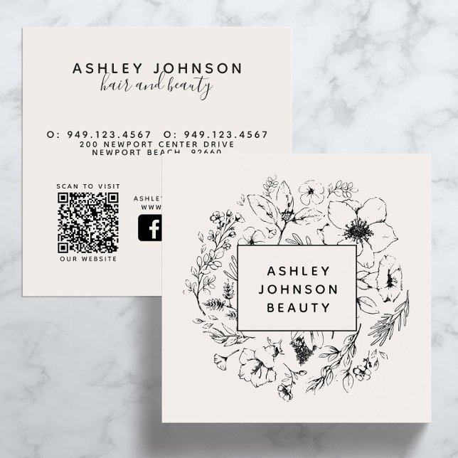 Modern Social Media QR Code Botanical Blush Black Square Business Card (QR Code Social Media Business Card)
