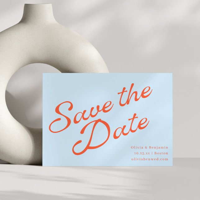 Modern Soft Blue Orange Retro Script Wedding Save The Date (Creator Uploaded)