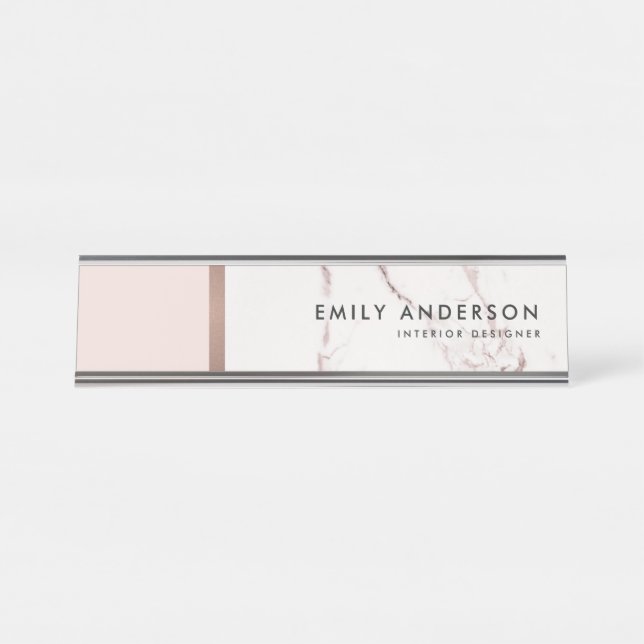 MODERN SOFT BLUSH PINK ROSE GOLD MARBLE TEXTURE DESK NAME PLATE (Front)