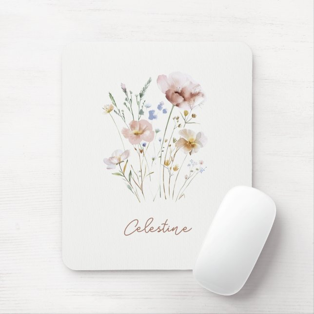 Modern Soft Floral Custom Name Mouse Pad (With Mouse)