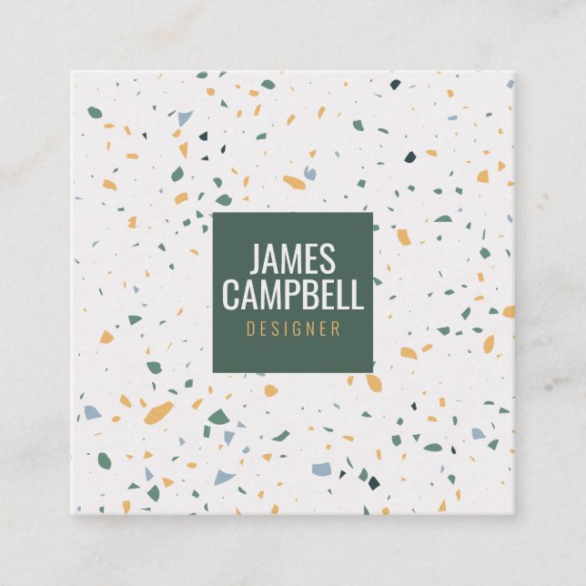 Modern soft green terrazzo marble abstract pattern square business card (Front)