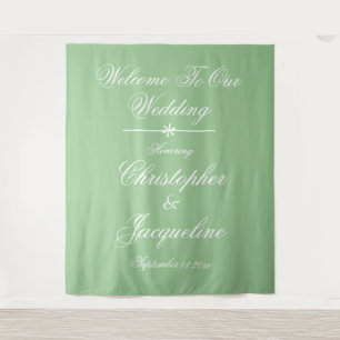 Modern Soft Green Wedding White Script Backdrop Tapestry