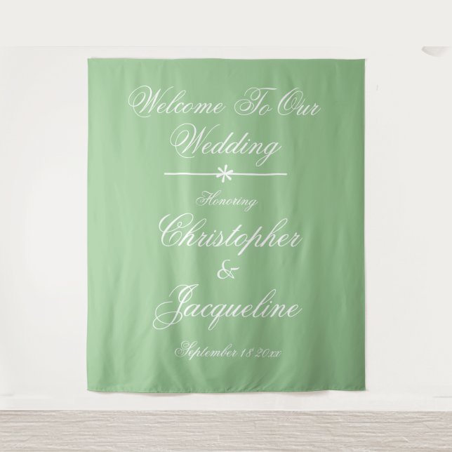 Modern Soft Green Wedding White Script Backdrop Tapestry (Front)