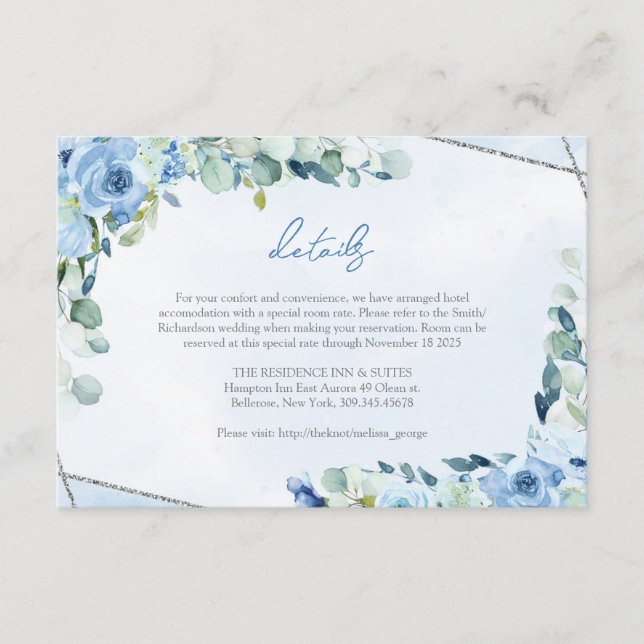 Modern soft pastel blue flowers silver details enclosure card (Front)