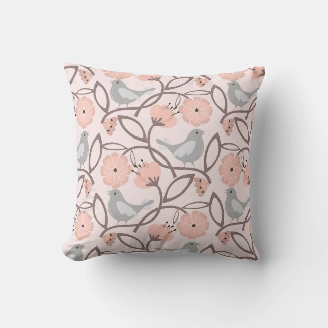 Modern Soft Peach Flowers Grey Birds Pattern Cushion (Front)
