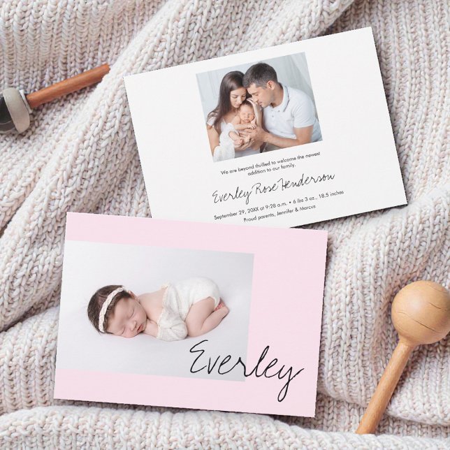Modern Soft Pink Baby Girl Name Script Photo Birth Announcement (Pink custom baby girl photo birth announcement cards.)