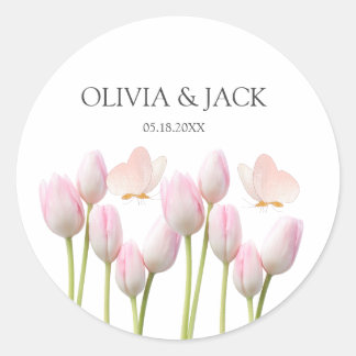 Modern soft pink floral & butterfly Summer Wedding Classic Round Sticker