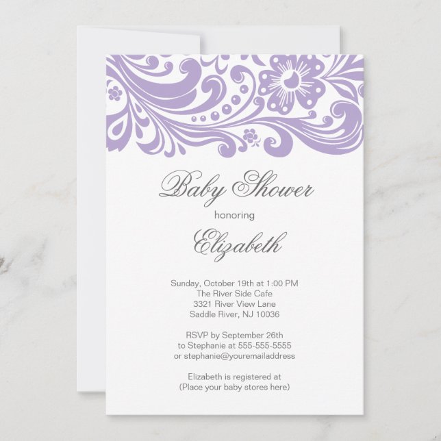Modern Soft Purple Floral Swirl Baby Shower Invitation (Front)