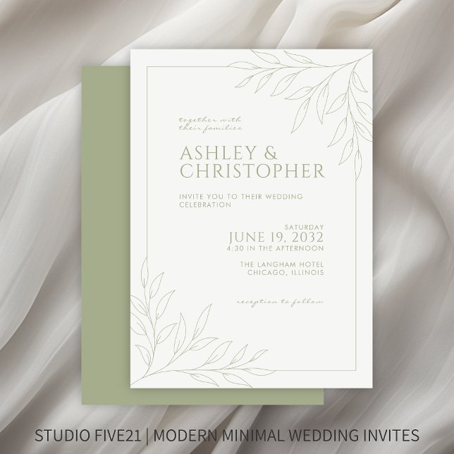 Modern Soft Sage Green Foliage Outline Wedding Invitation (Creator Uploaded)