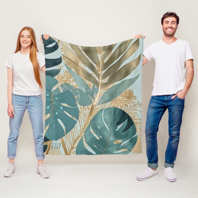 Modern Soft Teal Monstera Botanical Fleece Blanket (In Situ)