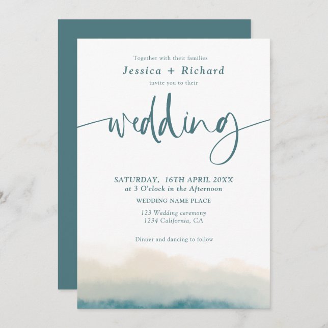 Modern soft teal watercolor summer wedding script invitation (Front/Back)