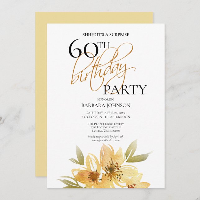 Modern Soft Yellow Floral Surprise 60th Birthday Invitation (Front/Back)
