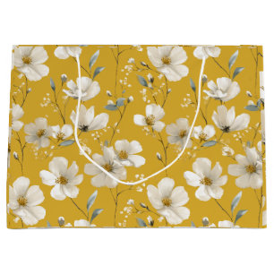 Modern Soft Yellow Flower White Floral Pattern Large Gift Bag