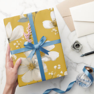 Modern Soft Yellow Flower White Floral Pattern Wrapping Paper