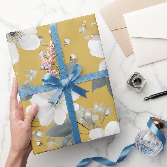 Modern Soft Yellow Flower White Floral Pattern Wrapping Paper (Gifting)
