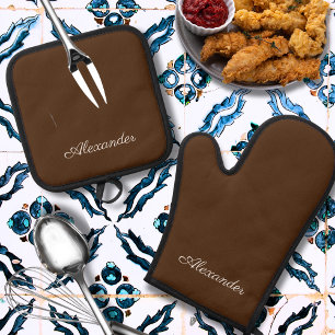 Modern solid colour Brown template White Script Oven Mitt & Pot Holder Set