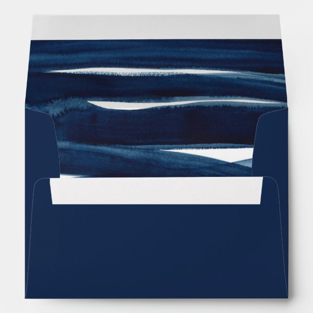 Modern Solid Navy Blue Watercolor Liner Wedding Envelope (Back (Bottom))